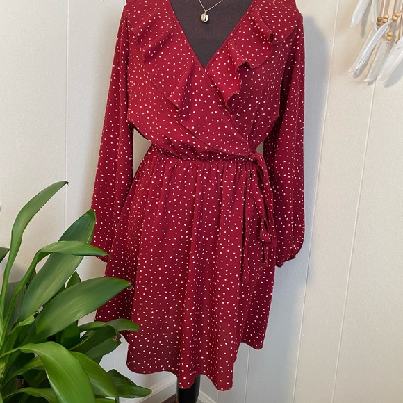 Burgundy Polkadot Wrap Dress - Picture 5 of 9
